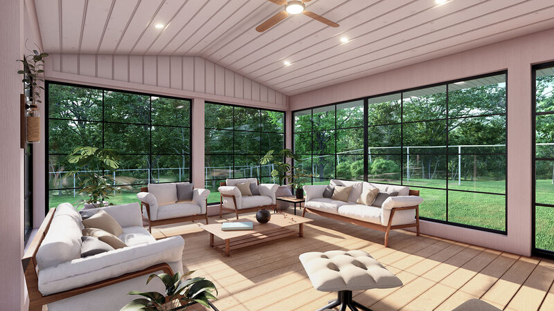 Photo-realistic 3D rendering of a three-season porch with tongue-and-groove ceiling, recessed lighting, large windows, and neutral furnishings. 
