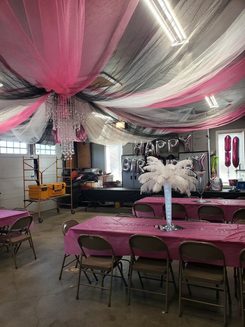 tulle ceiling, party decor for 50th bithday