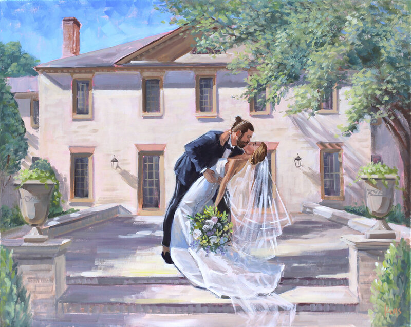 painting of groom dipping bride