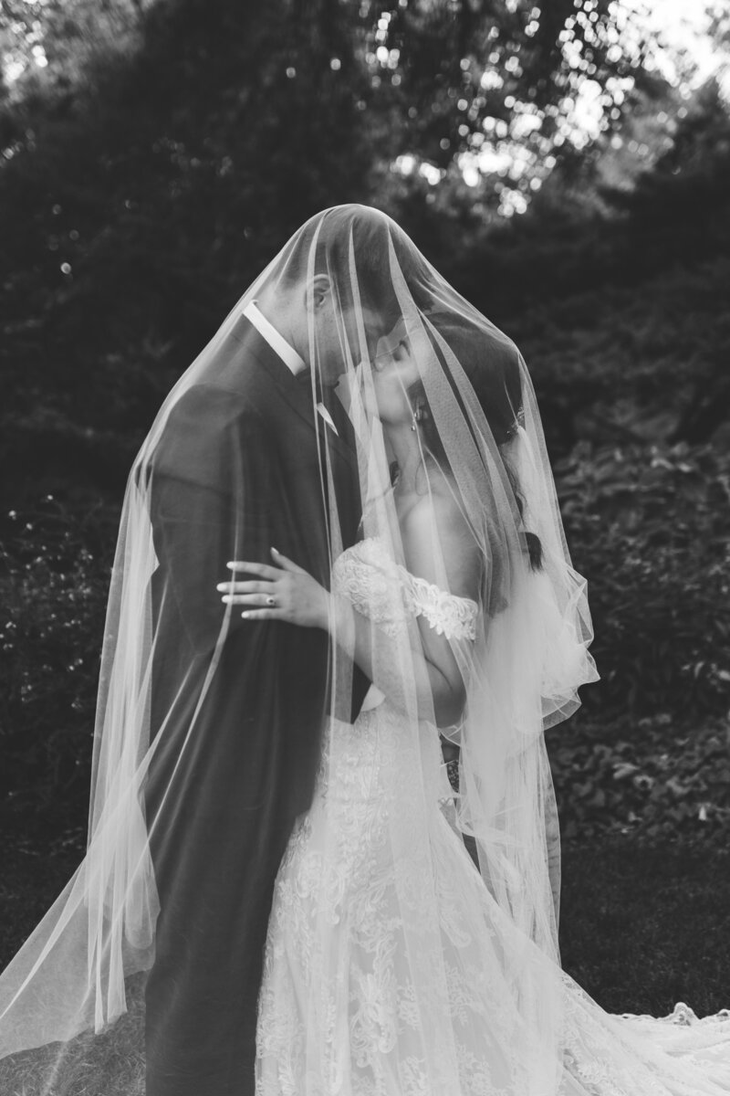 Bride & Groom under veil at Botanica photographed by Wichita Wedding Photographers, The Cantrells