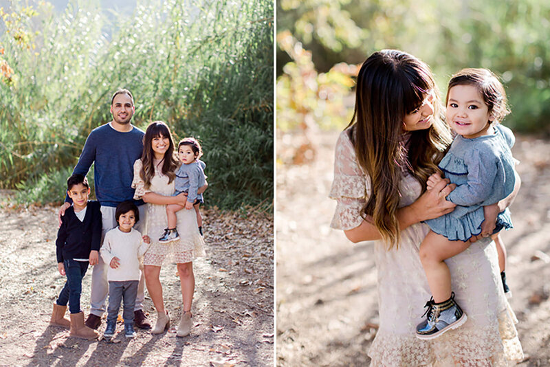 A family of five smiling together during a family session at Franceschi Park