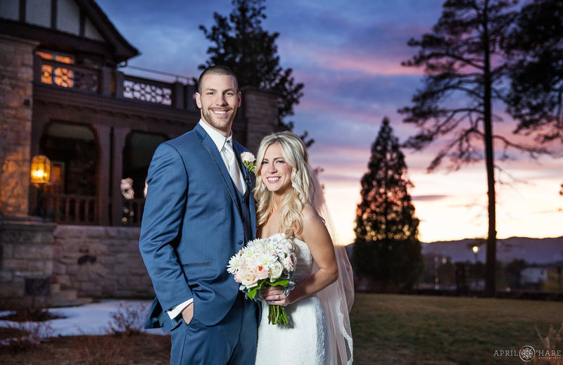Beautiful Sunset Wedding Portrait in front of the Highlands Ranch Mansion Wedding Venue