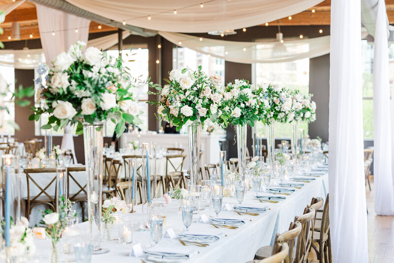 blue and white wedding reception at the huguenot loft