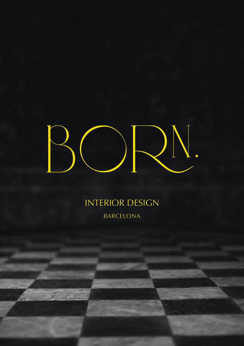 Born semi custom interiors brand logo design black on an ochre yellow background.