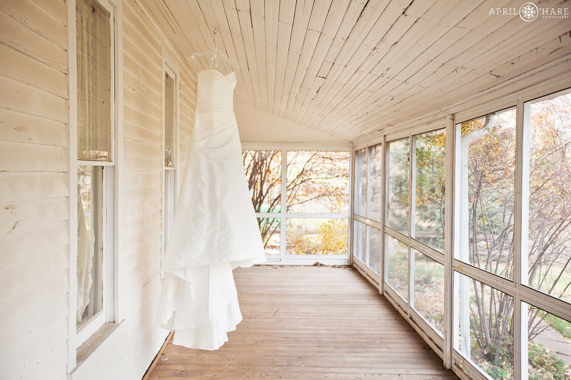 Wedding-Dress-on-Covered-Patio-at-Denver-Botanic-Gardens-Chatfield-Farms