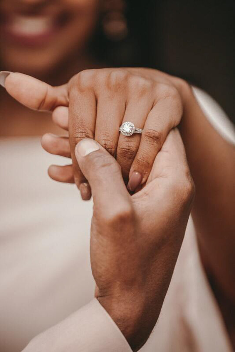 Couple's hand holding each other with woman wearing her ring
