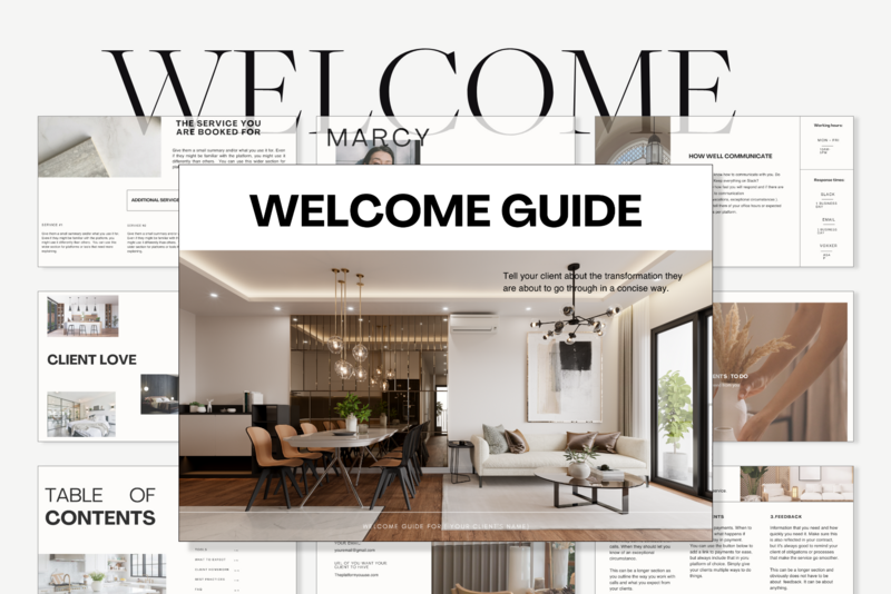Welcome guide canva download for luxury interior designers. The words: "welcome guide" appear in the middle in a black font.