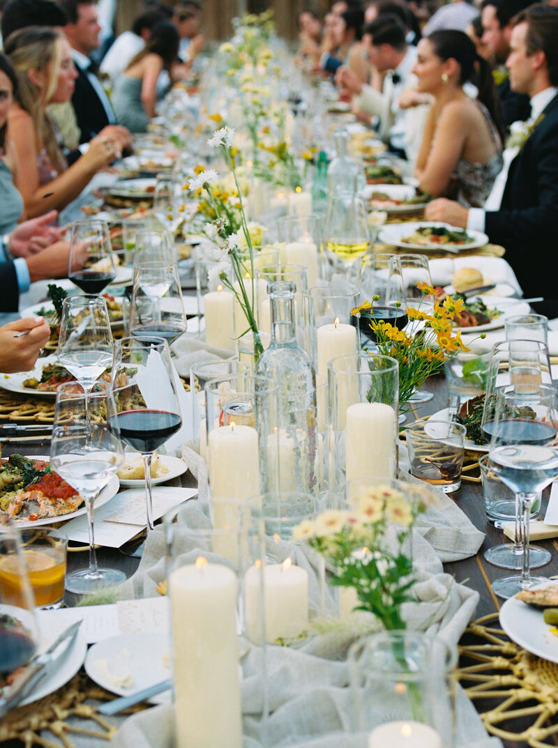 long dinner table at wedding reception