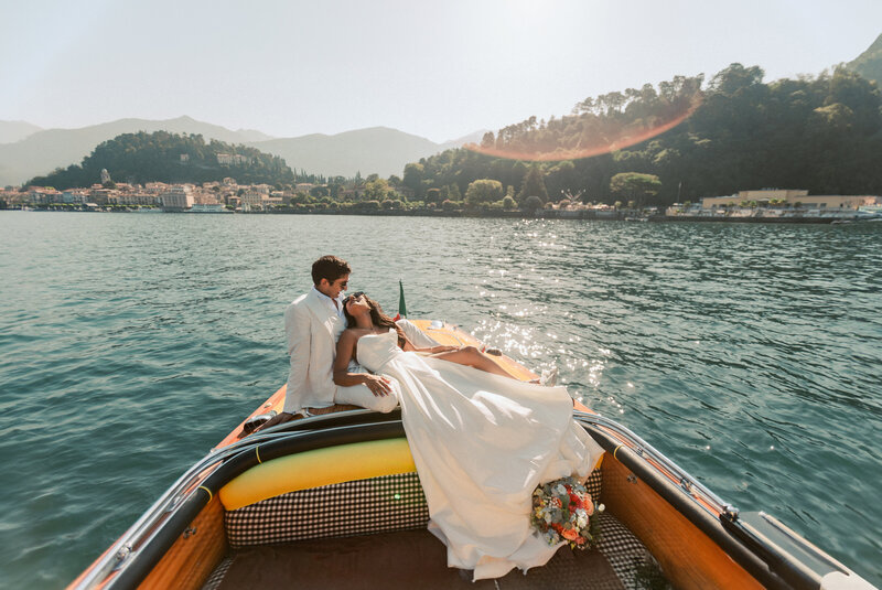 Bride and Groom on boat at Lake Como Italy