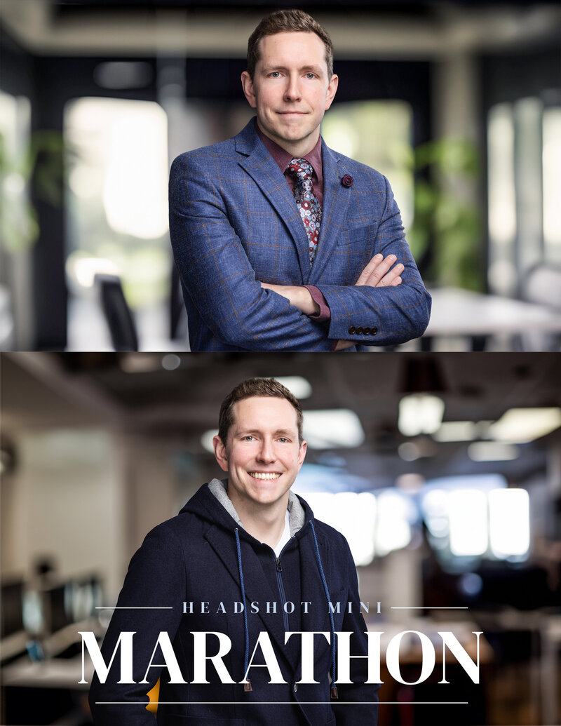 Professional headshots of a confident man showcasing both formal and casual personal branding styles. In the first image, he stands with arms crossed in a blue checkered suit and patterned tie against a bright, modern office backdrop, exuding professionalism and sophistication. In the second image, he is smiling in a relaxed navy hoodie, set in a softly blurred office environment, projecting approachability and warmth. Both images were captured during a headshot mini-marathon at Janel Lee Photography in Cincinnati, OH.