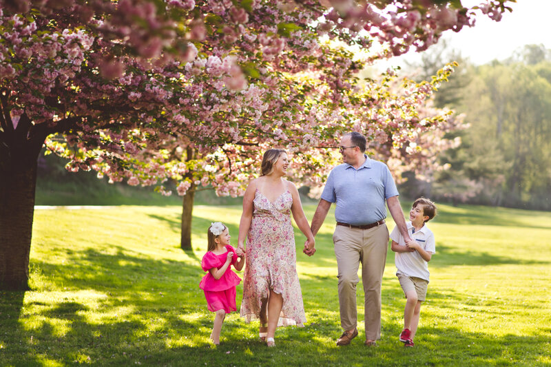 A family of four holding hands and walking in a park