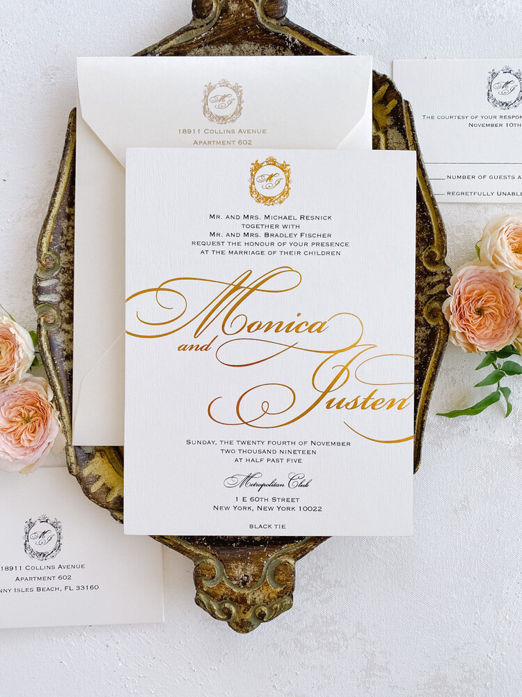 Modern gold foil monogram wedding invitation