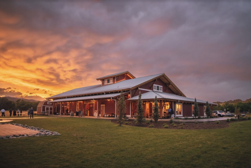 Exterior view of Sweetheart Winery in Northern Colorado at sunset, featuring a red barn-style building with glowing interior lights, dramatic clouds, and guests gathering on the lawn.