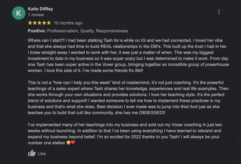 a screenshot of a five star review from one of natasha zoryk's past clients named katie diffley
