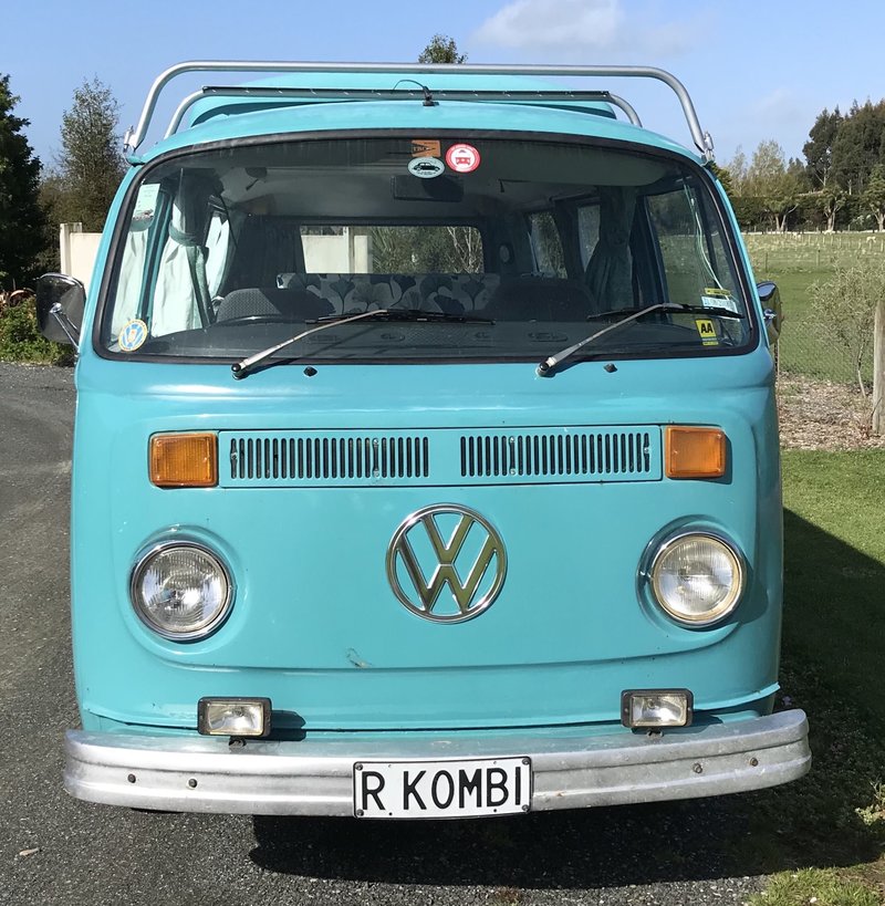 Front view of Rhonda, teal retro kombi van from NZ Kombi Hire