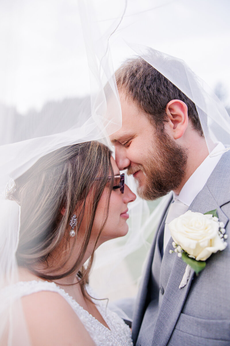 Groom resting his nose on bride's forehead under wedding veil