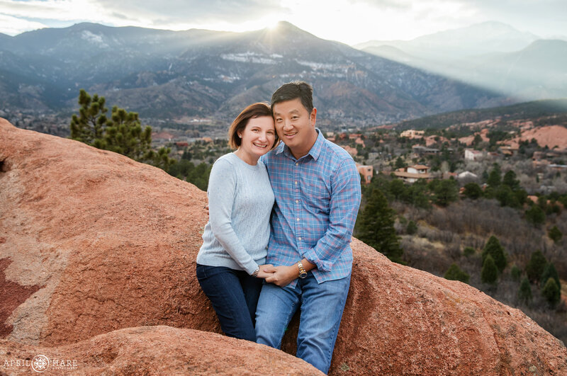 Couple wearing blue are photographed at High Point at Garden of the Gods