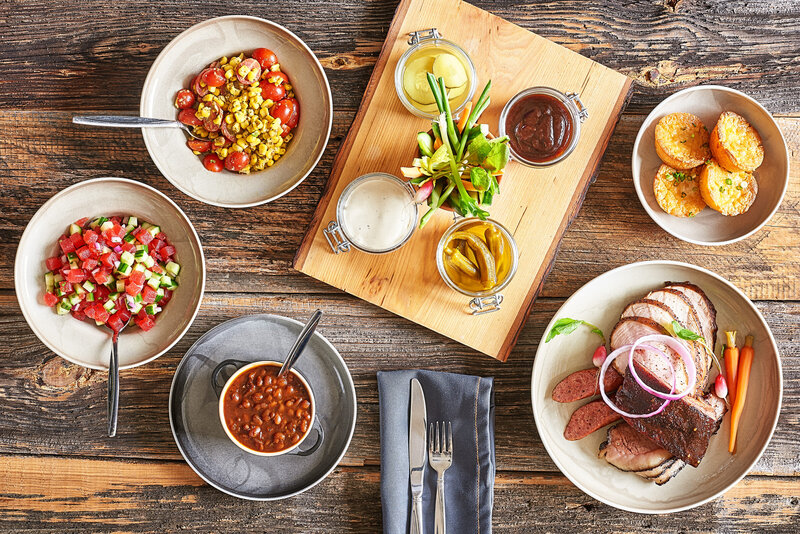 Plates of food laid out on a table