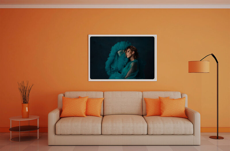 Stylized Portrait of girl in teal on the wall  in  an orange room