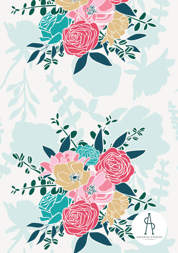 Designs by Amanda Stores- Peachtree Corners, GA fabric designer- Peony flower bouquet with bright pink flowers on a teal background