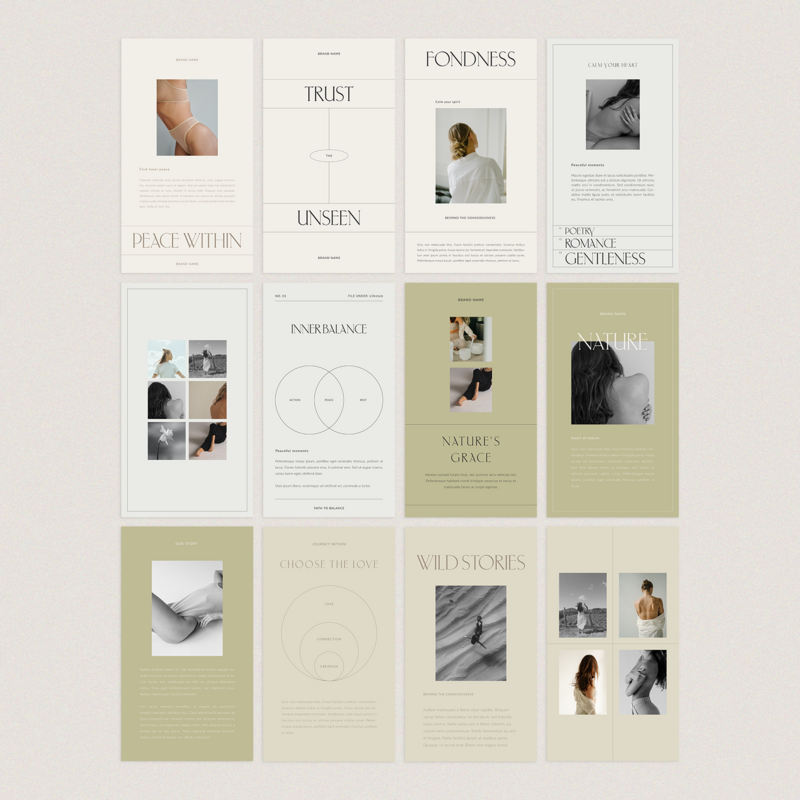 The Organic Collection features 36 social media templates that reflect a natural and grounded aesthetic. The templates embrace a holistic approach, emphasizing calmness and considered visuals. Ideal for those seeking to create authentic and thoughtful content, this set incorporates a sense of mindfulness.