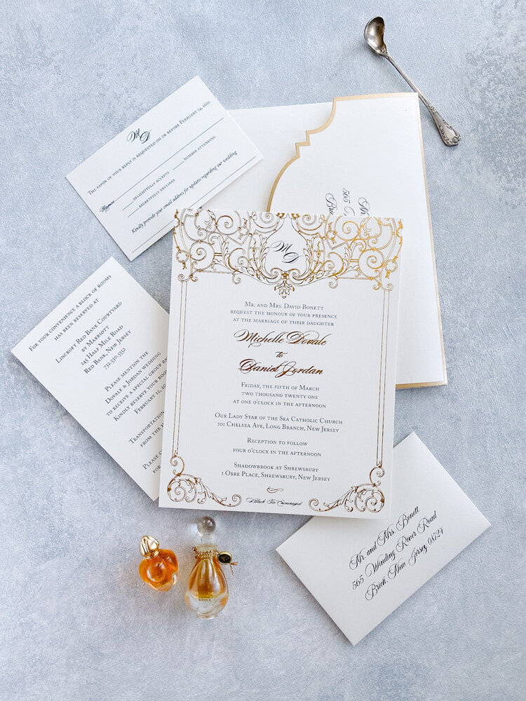 Luxury linen gold foil wedding invitation