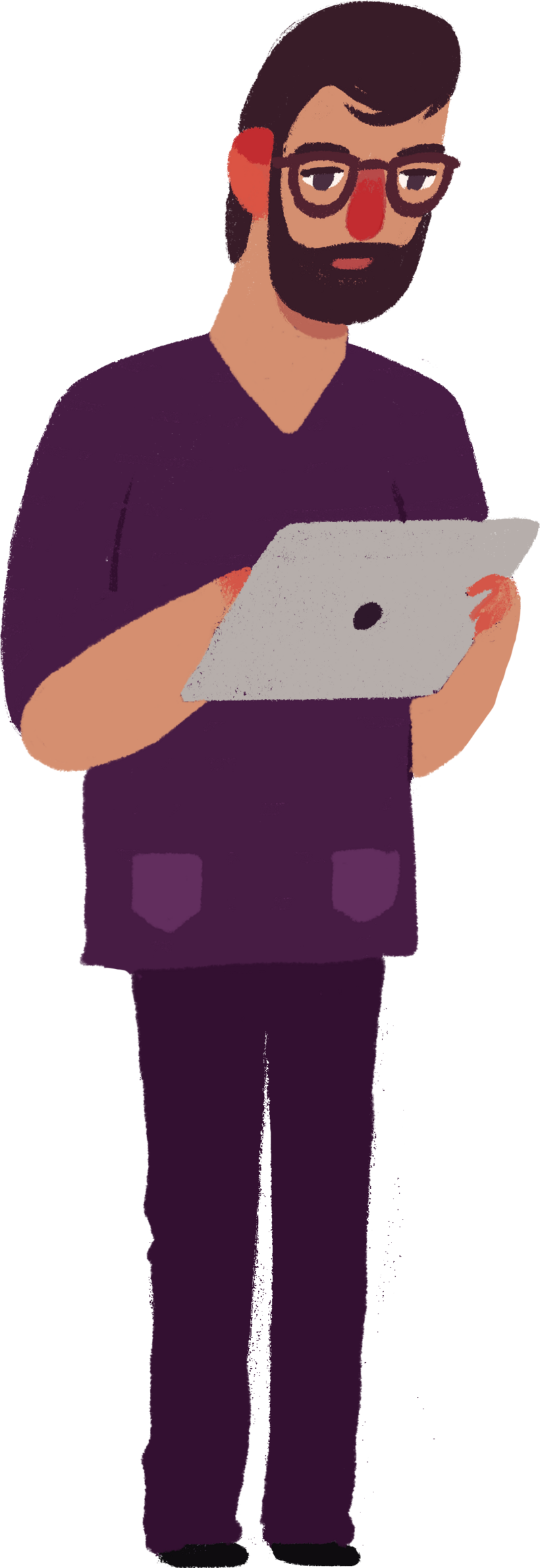man in purple scrubs using tablet