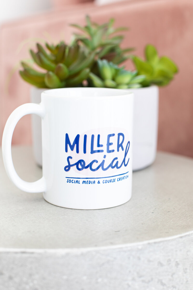 white miller social and course creator mug with the brand's main logo