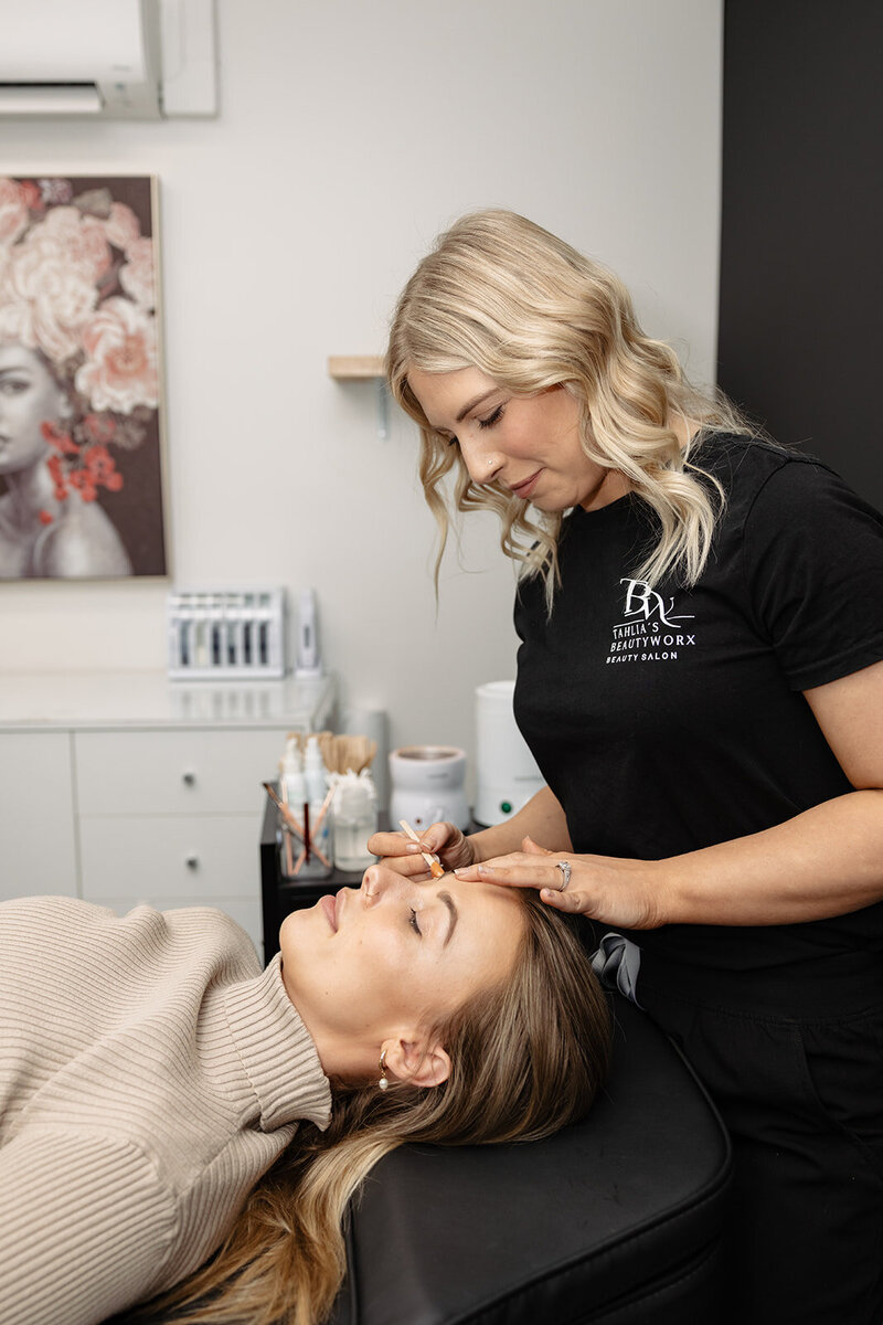 Brow treatment in progress at Tahlia's Beautyworx Hamilton