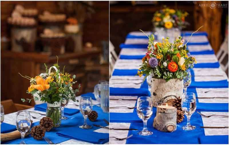 Bold Orange and Bright Blue Wedding Reception Colors for a Rustic Barn wedding in Colorado
