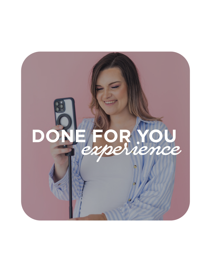Female Founder of Florida Social Butterfly with blue and white striped button up shirt with tripod and phone filming social media content