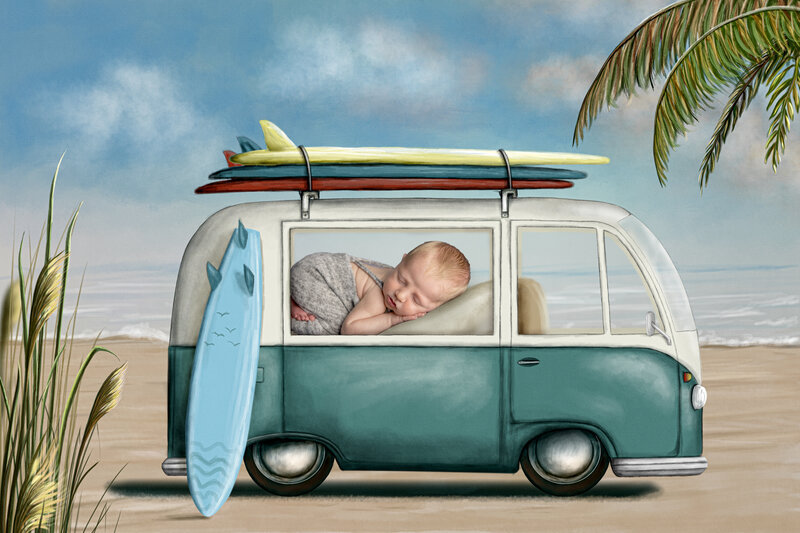 newborn boy sleeping in this composite photo of a beach van and surfboard