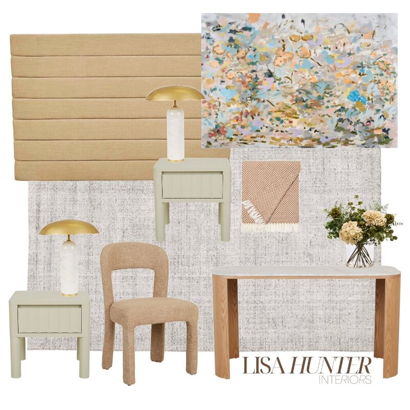 Interior design moodboard featuring curated furniture, artwork, lighting, and textiles for a turnkey project.