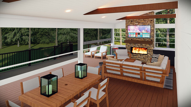 Photorealistic 3D rendering of a 3-season porch with built-in fireplace, beams, tongue-and-groove ceiling, recessed lights, and neutral furniture. 