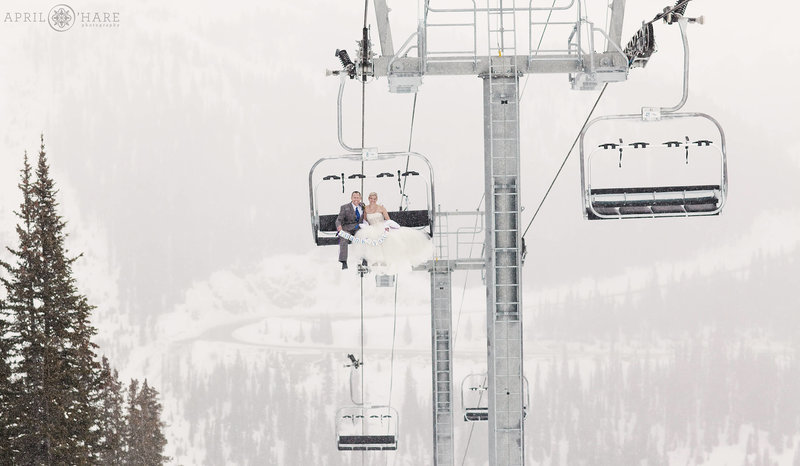 Bride and Groom Portrait on Ski Lift at A Basin