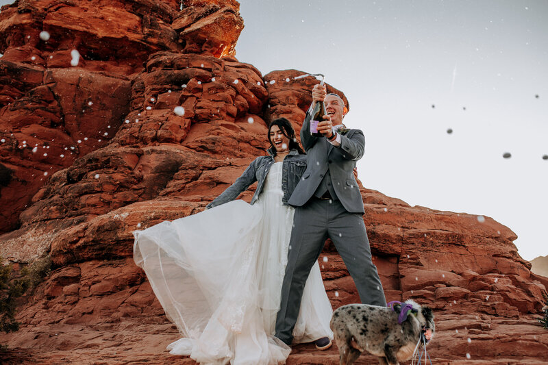 dog on their elopement day in sedona champagne pop