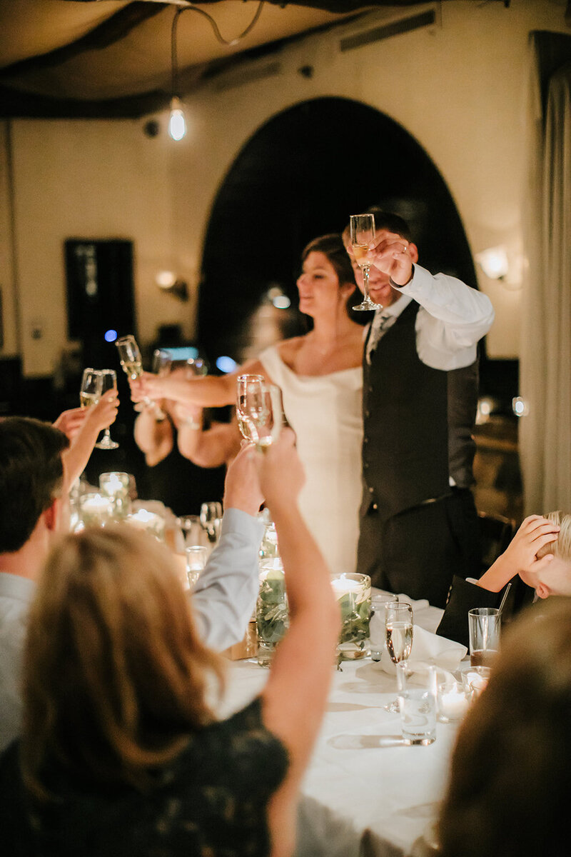 Wedding guest raise glasses in celebration