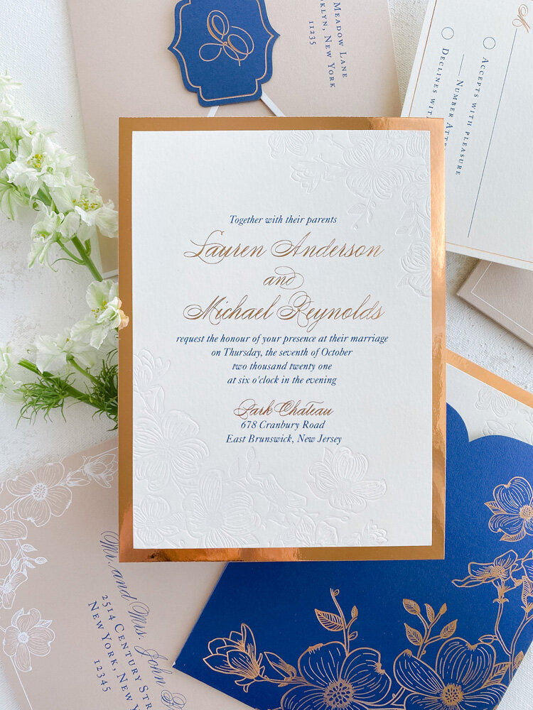 Rose gold and blush wedding invitations