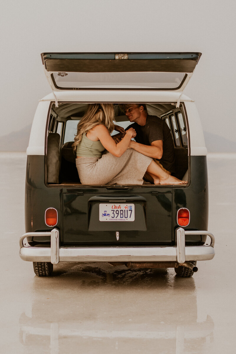 Utah Bonneville Salt Flats Adventure Couple with Vintage VW Van+ National Park Elopement Photographer