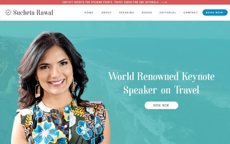 Witness the breadth of Sucheta's wisdom and expertise on the expansive screen of a laptop, as you explore her keynote speaker website homepage. Meticulously designed by a Showit Web Design professional, this layout ensures seamless access to captivating stories and valuable insights for travel enthusiasts.