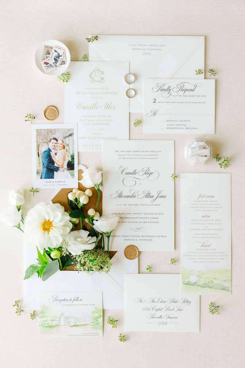 invitation suite flat lay by Knoxville Wedding Photographer