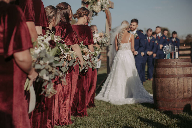 Bridal party wedding ceremony outdoor fall colors