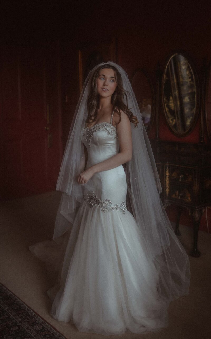 Young stunning bride in a beautiful wedding dress, radiating elegance and joy, captured in a moment of grace, showcasing her timeless bridal beauty