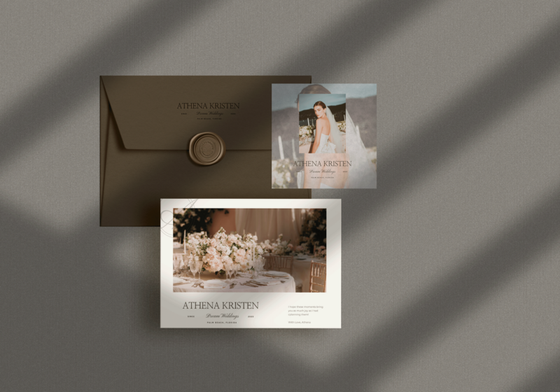 Athena Kristen wedding planner printed brand materials including dark envelope with gold wax seal, elegant photo card, and reception flatlay with soft typography and refined design elements.