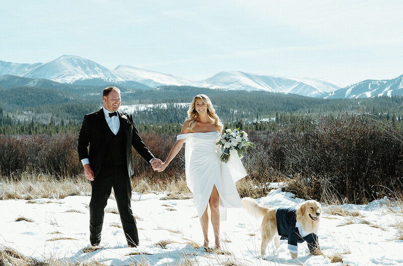 Bride and groom holding hands walking through the snow with their golden retriever at Devil's Thumb Ranch Resort wedding venue