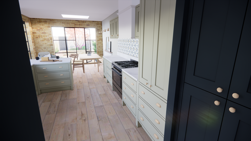 Interior visual for Pontcanna project showing  kitchen and dining interiors