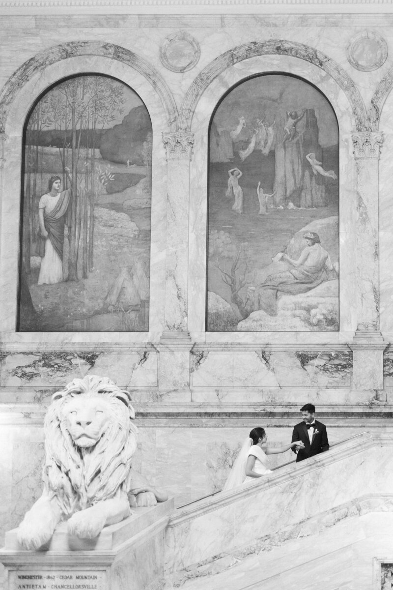 Boston wedding photographer captures wedding portraits in black and white for couple at the Boston Public Library