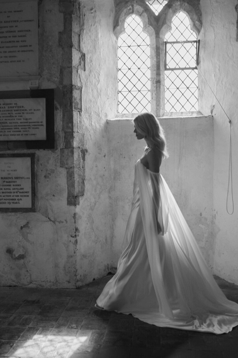 Benjamin Wheeler photography of bride wearing handmade long silk wedding dress