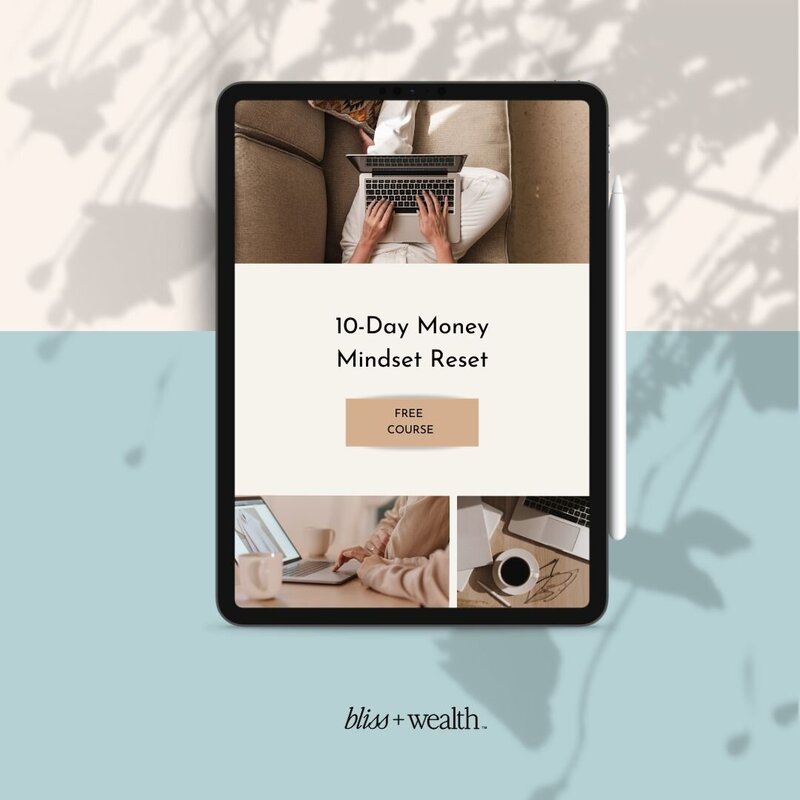 An iPad reads "10-Day Money Mindset Reset"- a free course by money mentor, Jenny Whichello.