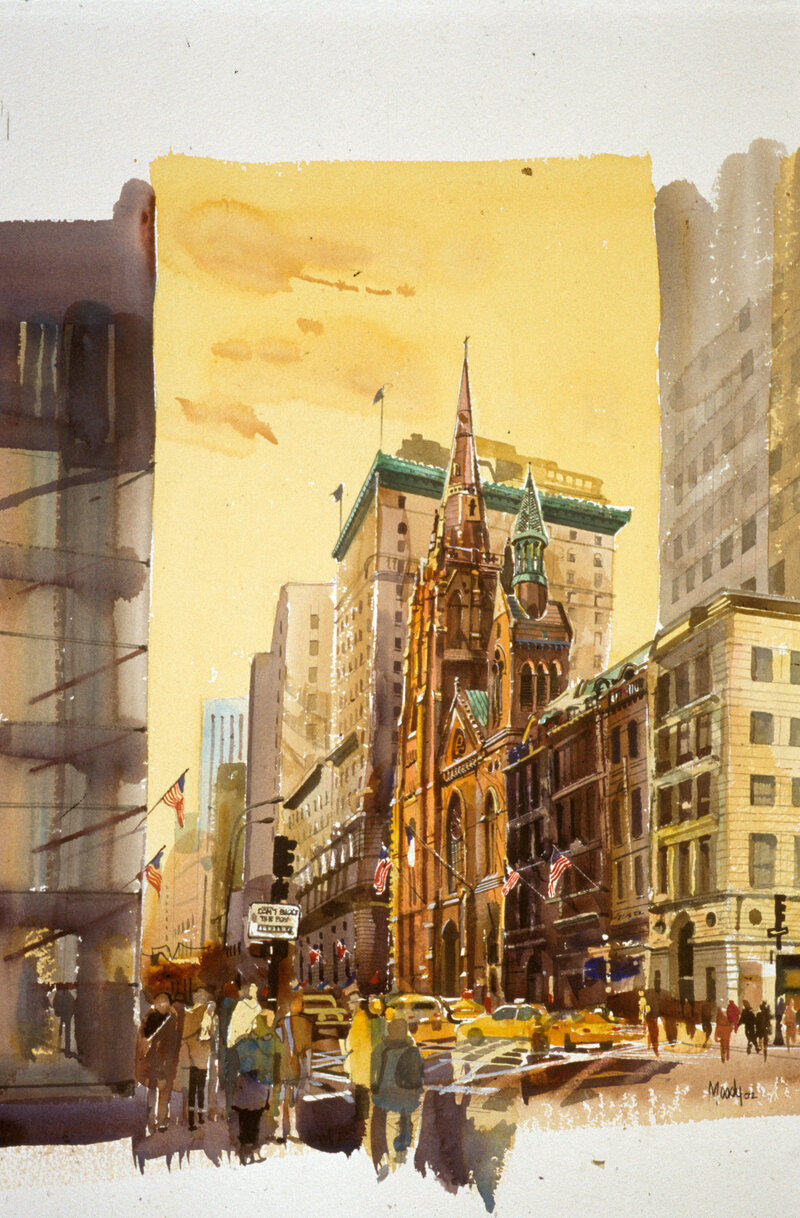 Watercolor painting of a street in New York